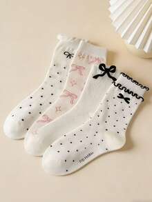 4双随机粉色蝴蝶结中筒袜，休闲日常穿着及礼品 - 彩色 - 查看 3