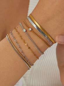 一套时尚简约四件套链式手链，镶嵌钻石，镀金不锈钢材质，百搭手饰套装，适合日常佩戴 - 鏈條 - 查看 3