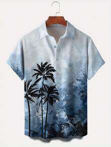 A Blue Palm Tree Print Print Collared Button-Down Shirt, Perfect For Beach Vacations And Casual Social Occasions. Made Of Lightweight And Breathable Polyester, It's Machine Washable And A Versatile Summer Men's Fashion Staple. - 彩色 - 查看 2