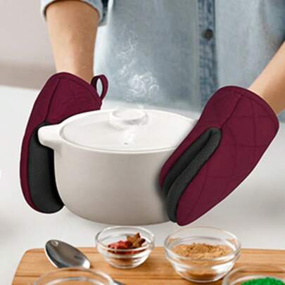 Set Of 2 Mini Oven Mitts Dark Red 7 Inch - Short Cotton Kitchen Gloves Heat Resistant Non-Slip For Baking Grilling BBQ - Small Oven Mitts Pot Holders For Air Fryer Cookware