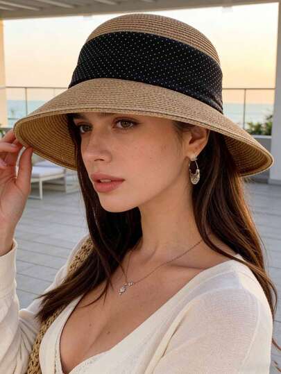 1pc Women's Polka Dot Ribbon Patchwork Wide Brim Woven Straw Hat, French Elegant High-End Round Top Bucket Hat, Versatile For Spring/Summer Outdoor Casual, Suitable For Daily Use