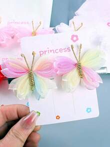 2pcs European And American Style Butterfly Hair Clips, Dopamine Mesh Color, Paired With Distressed Hair Clips, Retro Bangs, Handmade Hair Clips, Girls Hair Accessories, Spring Hair Decor - Multicolor - View 2
