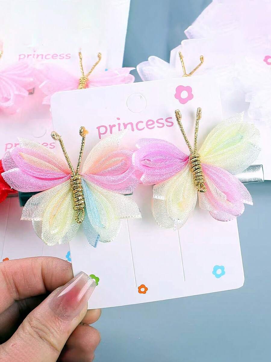 2pcs European And American Style Butterfly Hair Clips, Dopamine Mesh Color, Paired With Distressed Hair Clips, Retro Bangs, Handmade Hair Clips, Girls Hair Accessories, Spring Hair Decor
