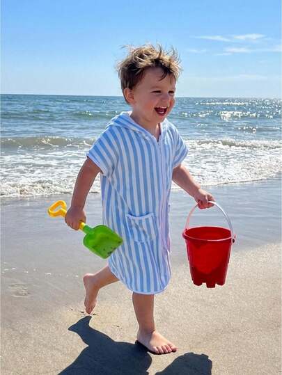 Kids Beach Cover Up Stylish Striped Casual Zip Up Short Sleeve Hooded Shawl For Beach And Daily Life