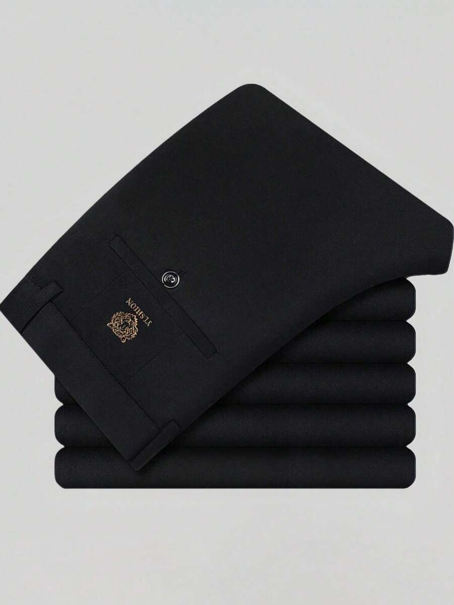 Men's Classic Tiger Head Embroidery Suit Pants, Straight Leg Casual Trousers Suitable For Business Occasions And Gatherings, All Seasons - Black - View 1