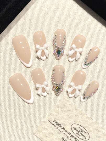 Y2K Style Handmade Wearing Stiletto , Nude And White Plates With Deep V French Edging, Embellished With Jewel Rhinestones, Petals, Pattern Tie-Dye Element Design, Pure Handmade Wearable Armor. Suitable For Women And Girls With 10 Plate Sets In 3 Sizes, Ideal For Party And Daily Wear, Includes Tool Kit