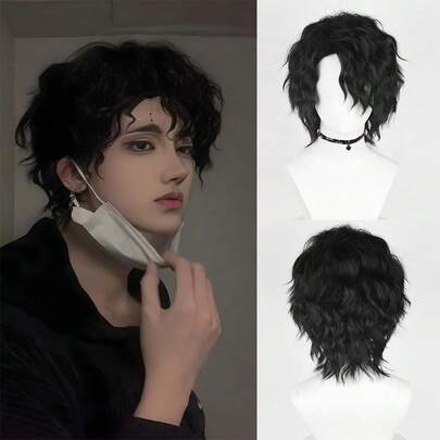 合成短直黑色波浪假发，中分，男士动漫游戏角色扮演蓬松耐热假发，适合日常派对