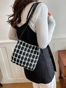 1件黑色针织面料金属按扣格子时尚百搭休闲简约别致春季新款单肩包，适合女性日常使用 - 黑色 - 查看 4