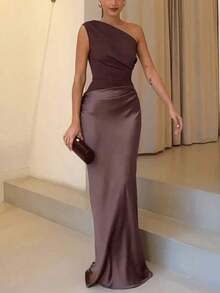 Women's Elegant Solid Color Pleated Backless Satin Patchwork Maxi Dress, Suitable For Outings, Parties, Cocktail Events, Wedding Guests, And Vacations - 摩卡棕 - 查看 12