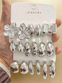 6-18pcs Chic Silver-Tone Earring Pack, Fashion Floral Geometric Textured Earrings, Everyday Wear For Women - 銀色 - 查看 1