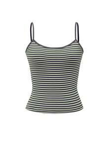 Vaiaye 女士时尚内衣风上衣，春夏条纹印花圆领修身休闲度假性感吊带背心，适合海滩度假和日常休闲穿着。 - 綠色 - 查看 3