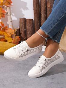 Zapatos de skate de moda para mujer, zapatillas deportivas de suela gruesa con cordones de color blanco y estampado de leopardo, versátiles y casuales para uso deportivo al aire libre - Blanco - Ver 4