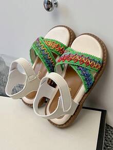 1 Pair 2026 Girls' Colorful Embroidered Crochet Sandals, Adjustable Laces, Round Toe Design, Flat, Bohemian Style Children's Sandals, Suitable For Daily Outdoor Activities, Beach And Summer Wear - Cadet Blue - View 8