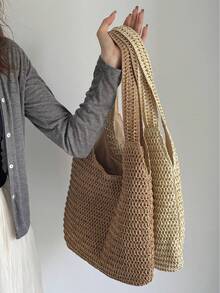 Summer Handmade Woven Straw Tote Bag, Women's Shoulder Bag, Casual Vacation Style, Large Capacity - Multicolor - View 4