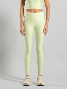 FITNATION Leggings Set With Waistband Pocket + Longline Cropped Top In Micro-Ribbed Fabric With SHINE And HIGH Elasticity And Support. - Verde Lima - Ver 2