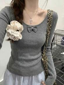 Grey Sexy Chic Crop Top With Bowknot Collar Cutout, Fitted Waist Design, Long Sleeve Sweater For Weekend Casual Wear - Dark Gray - View 2