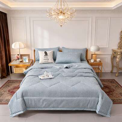 1pc Skin-Friendly Plaid + Floral Quilted Wide-Edge Summer Quilt, Soft & Fine, Moisture-Wicking & Breathable, Minimalist & Fashionable Air Conditioning Quilt