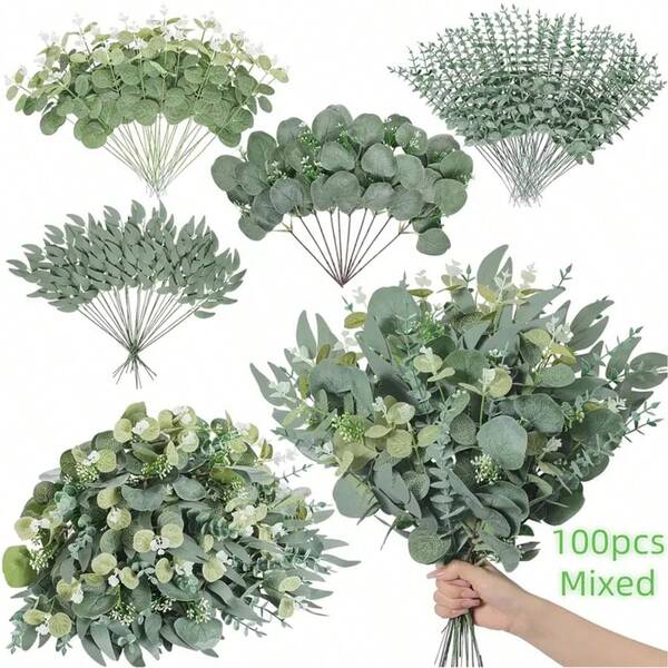 50/100 Pieces Mixed Artificial Eucalyptus Branches Set, 4 Combinations Of Realistic Artificial Silver Dollar Tree Green Leaves Fake Plants, Plastic Artificial Flowers, Suitable For DIY Bouquets, Outdoor Weddings, Party Festivals, Centerpieces And Home Decoration
