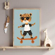 1幅帆布防水墙画，带框，婴儿房装饰，滑板猎豹儿童房装饰，现代男孩房墙画，乡村风格艺术，儿童房墙面装饰，波西米亚游戏室装饰，可爱趣味儿童房装饰，充满活力的现代墙画，卡通动物装饰画 - 彩色 - 查看 5