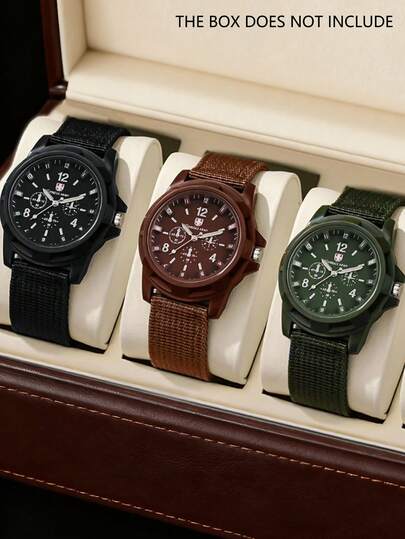 3PCS Simple Sports Men's Quartz Watches, Men's Hardcore Outdoor Style Multifunctional Quartz Watch Set (Including Black / Brown / Green Nylon Straps For Men). The Watches Feature A Rugged Case Nylon Straps, With Clear Numeric Markers And Multifunction Sub-Dials