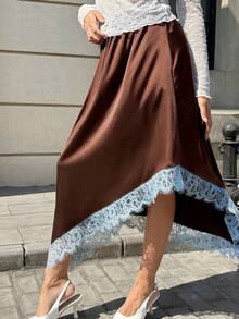 Falda fluida de satén de largo medio con dobladillo asimétrico y ribete de encaje para mujeres, primavera/verano - Marrón - Ver 6