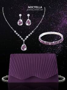 Noctella Elegant Ruched Solid Colour Evening Clutch, Stylish Women's Party Envelope Purse, Paired With A Luxurious Sparkling Rhinestone Jewellery Set Of Three Pieces, Including A Sparkling Rhinestone Necklace, Earrings, And Bracelet, Suitable For Dinners, Parties, And Balls - Purple - View 11