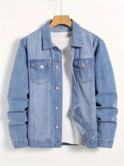 Spring & Autumn New Men's Denim Jacket, Light Blue Textured Button Long Sleeve Casual Trucker Jacket, Street Style