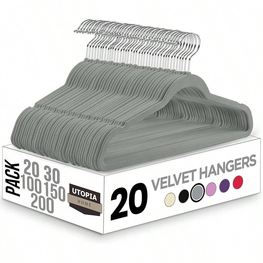 20-Pack Plush Clothes Hangers, Velvet Hangers,Luxurious, Traceless, High-Load-Bearing Wardrobe Hangers, Suitable For Clothing Storage In Bedrooms, Balconies, And Bathrooms, And Can Be Used To Hang Shirts, Coats, Dresses, Pants, Etc. - 灰色20pcs - 查看 1