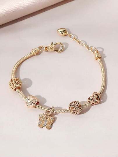 1pc Versatile Women's Jewelry DIY Beaded Adjustable Alloy Heart & Butterfly Rhinestone Pendant Bracelet - Luxurious Women's Charm Jewelry, Suitable For Daily And Party Wear
