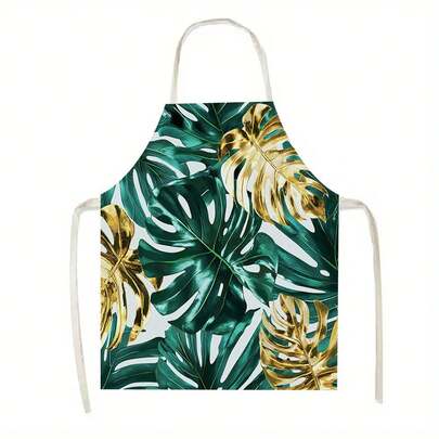 1pc Golden And Green Monstera Leaf Pattern Kitchen Apron, Suitable For Kitchen, Living Room, Dining Room, Hotel, Outdoor Barbecue And Other Scenarios, Made Of 100% Polyester, Lightweight, Machine - Washable
