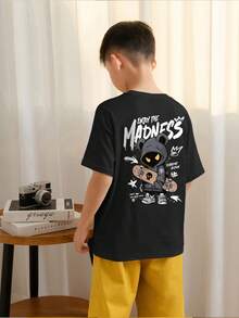 Camiseta de cuello redondo de manga corta con estampado informal para niños preadolescentes, top de verano - Negro - Ver 2