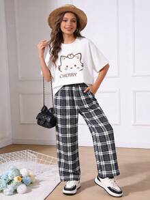 Girls' Summer Printed T-Shirt And Plaid Pants 2 Pieces Casual Set - Black - View 1