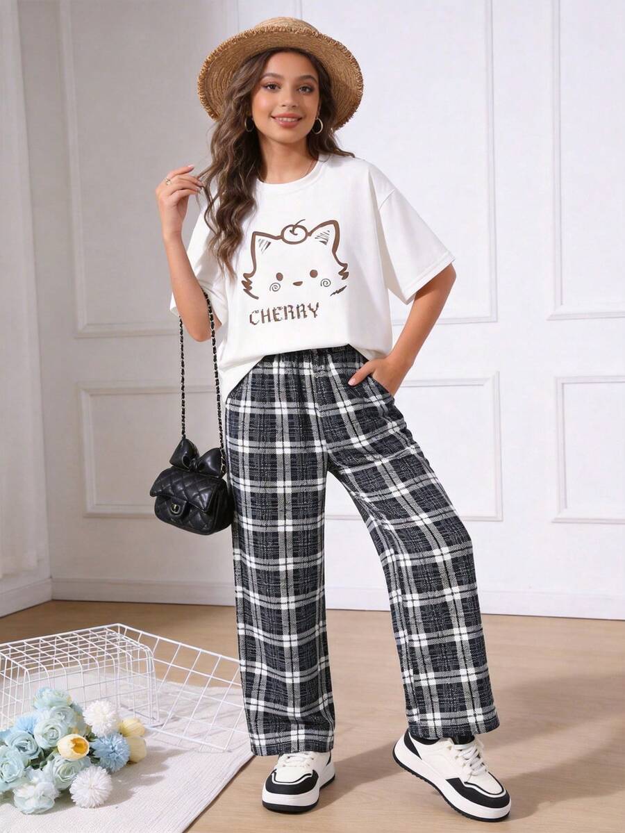 Girls' Summer Printed T-Shirt And Plaid Pants 2 Pieces Casual Set - Black - View 1