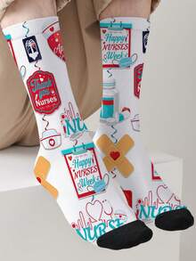 1-Pack 360-Print Nurses' Day Themed Socks – All-Season Unisex Novelty Socks, Fashionable Streetwear Style Crew Socks - Multicolor - View 19