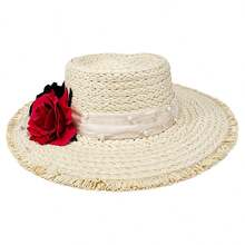 Women's Summer Straw Hat Wide Brim Beach Cap Lightweight Sun Hat With Black And Red Flowers - trắng - Xem 4