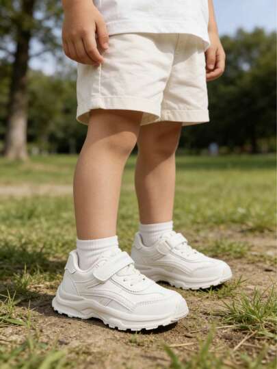 2026 Nuevos tenis de suela gruesa blanca para niños, diseño de cierre con , estilo de moda versátil, adecuado para niños, casual, zapatos escolares, zapatos blancos pequeños, para todas las estaciones