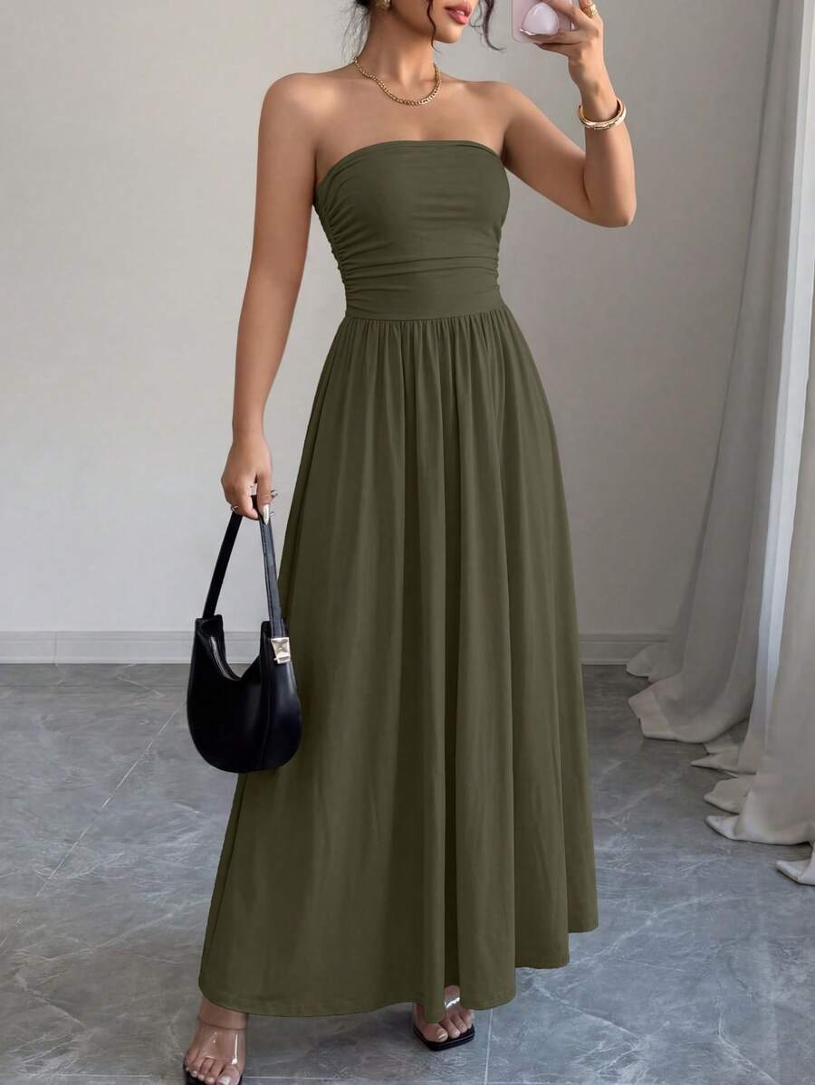 Women Summer Strapless Dress Sleeveless Tube Dress Ruched Flowy Side Pocket Bandeau Maxi Dress Casual Spring Vacation Holiday Beach Cocktail Wedding Guest Midi Dresses Outfits - 軍綠色 - 查看 1