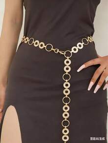 1pc Women's Hollow Round Wave Pattern Waist Chain, Versatile High-End, Suitable For Daily Wear, Birthday Party, Wedding Dress Accessorybelts For Women Dress - Gold - View 2