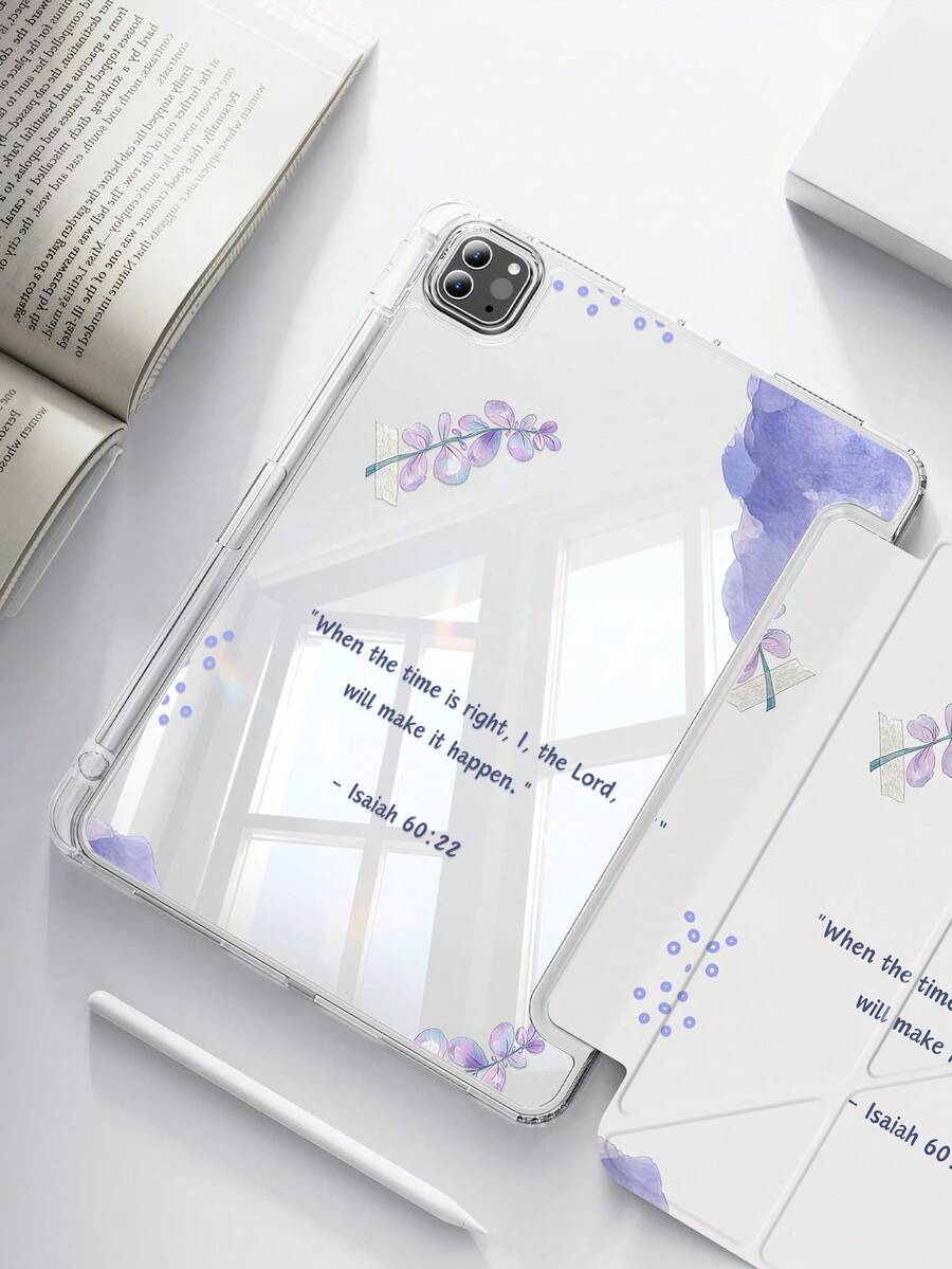 A Cute Cartoon Purple Flower & Grass Letter Pattern Double-Sided Acrylic Transparent Crystal Back Cover, Shock-Proof, Suitable For IPad 7th, 8th, 10th Generation (10.2 Inch), Built-In Pen Slot, Support Sleep/Wake Function, Ideal Gift Choice - Multicolor - View 1