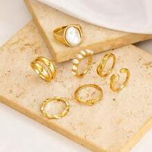 珍珠戒指套装，小众复古奢华多层几何弧形戒指首饰 - 彩色 - 查看 12