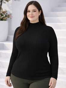 Women's Plus Size Long Sleeve Blouse With Medium High Ribbed Neck, Premium Comfortable Viscose - màu đen - Xem 5