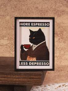 1pc Black Cat Drinking Coffee Design Wooden Refrigerator Magnet, Craft Gift Suitable For Home Fridge And Mailbox Decoration! - one-size - View 1
