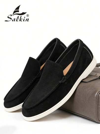 Salkin Designer Fashion Men's Slip-On Loafers, Solid Color Faux Suede Casual Shoes, Soft & Comfortable, Non-Slip, Wear-Resistant, Versatile For Casual, Business, Party, Wedding, Spring/Summer/Autumn, Large Size Available, Please Order One Size Up