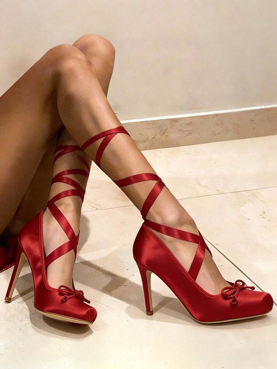 Ballet Heels Satin Stiletto Heels For Women Close Square Toe Bow Lace Up Ribbon Strappy Mary Jane Slingback Ballerina Pumps Lolita Party Wedding Prom Dress Shoes Cute Aesthetic Heels - 紅色 - 查看 1