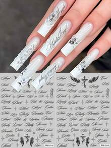 2 piezas Pegatinas de uñas con alas de ángel, cruz y estrella en estilo gótico y caligrafía inglesa oblicua, decoraciones de arte de uñas con estilo Y2K - Negro - Ver 8