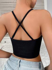 1 Piece; Splice See-Through Mesh Backless Wrap Around Neck Bra - Black - View 2