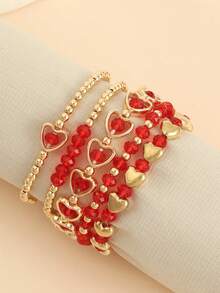 5pcs/Set Multilayer Red Beaded Heart Bracelet, Stackable Fashion Versatile Everyday Wear, Suitable As Anniversary Or Birthday Gift - A - View 2