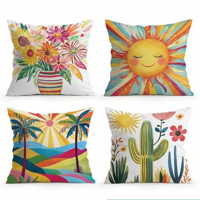 4pcs Bohemian Style Floral Pattern Pillow Covers, Single-Sided Printed Cushion Covers, Suitable For Living Room, Bedroom, Home Decor, All Seasons