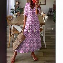 2026 European And American Bestseller Casual Sweet Loose V-Neck Printed Fringed Mid-Sleeve Long Dress For Women - 白色4 - 查看 5