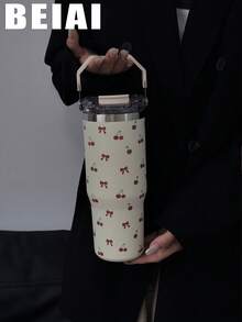 1pc 900ml/30oz Stainless Steel Insulated Tumbler With Bow-Knot Cherry Design, Outdoor Sports Water Bottle, Flat Bottom Cup, Suitable For Office, Hiking, Picnic, Home, Birthday, Valentine's Day, Mother's Day, Graduation, Anniversary, Back To School Gifts - Cherry - View 6